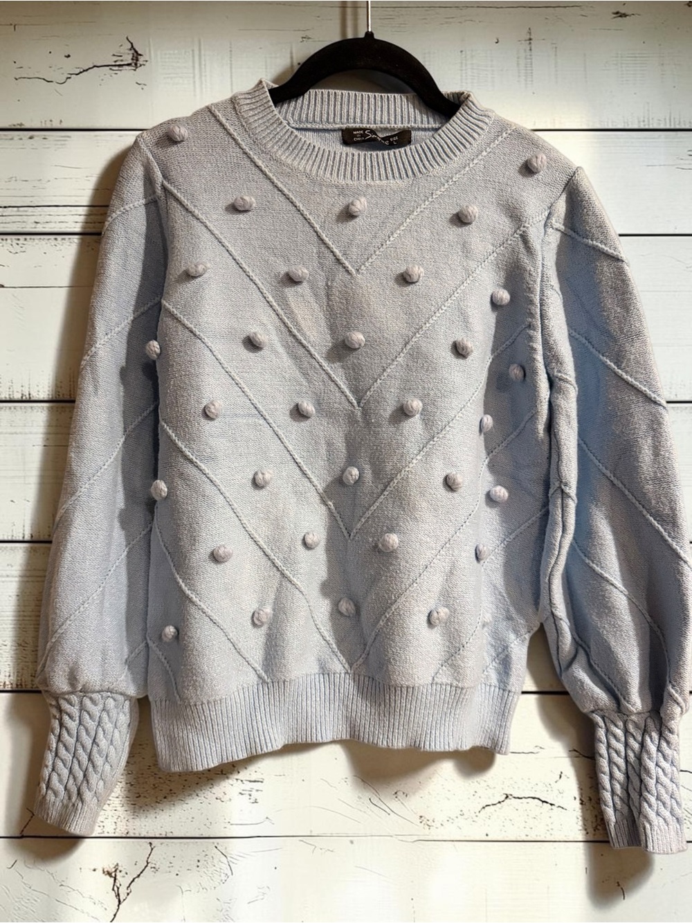Simplee Pom Pom Sweater Sz L Light Blue Grey Textured Knit Bishop Sleeve Cozy